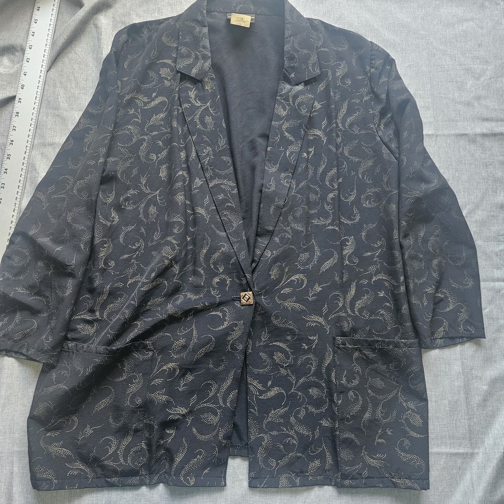 Vintage TRIMMINGS Women's Size XL 80s Black & Gold Print Oversized Blazer Jacket